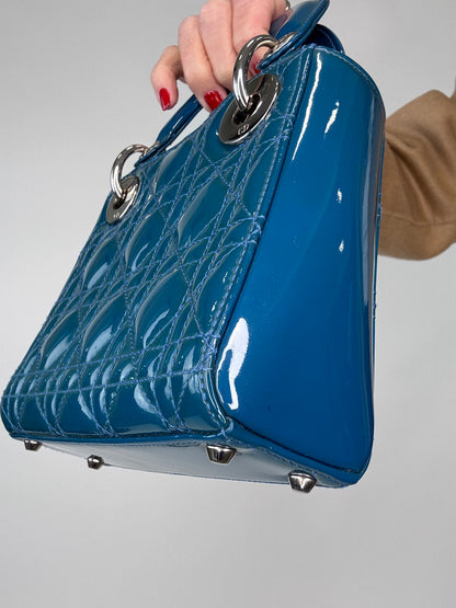 Christian Dior Mini Lady Cannage Patent Leather - Blue back right bottom corner
