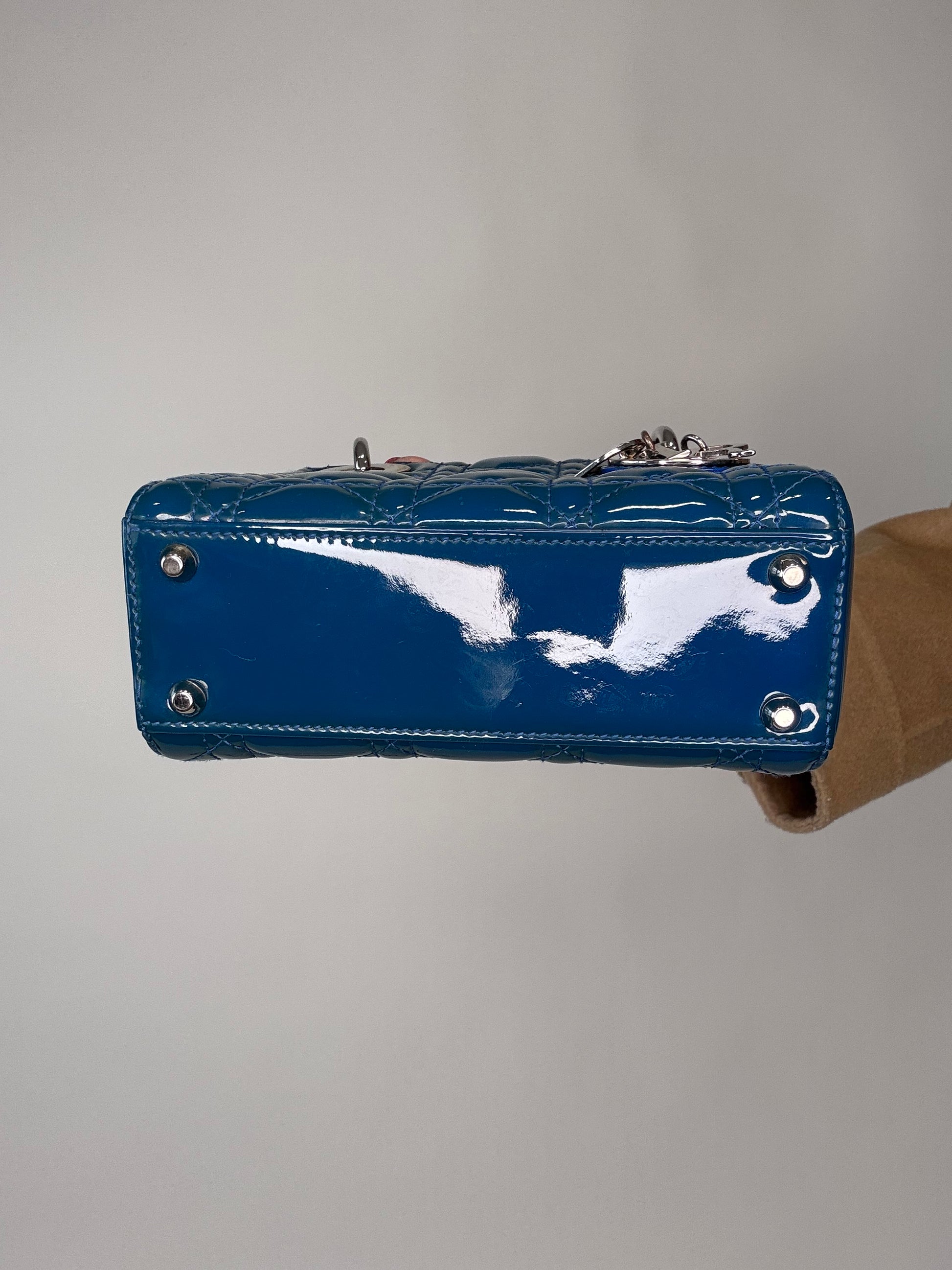 Christian Dior Mini Lady Cannage Patent Leather - Blue bottom of handbag