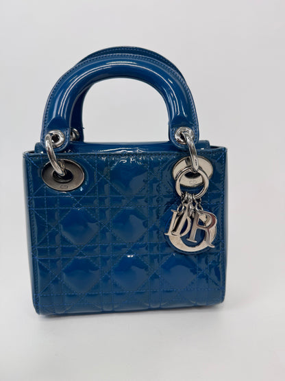 Christian Dior Mini Lady Cannage Patent Leather - Blue front of handbag close up