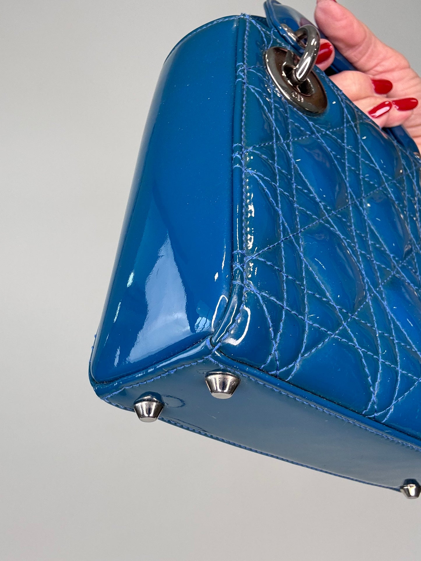 Christian Dior Mini Lady Cannage Patent Leather - Blue front left bottom corner