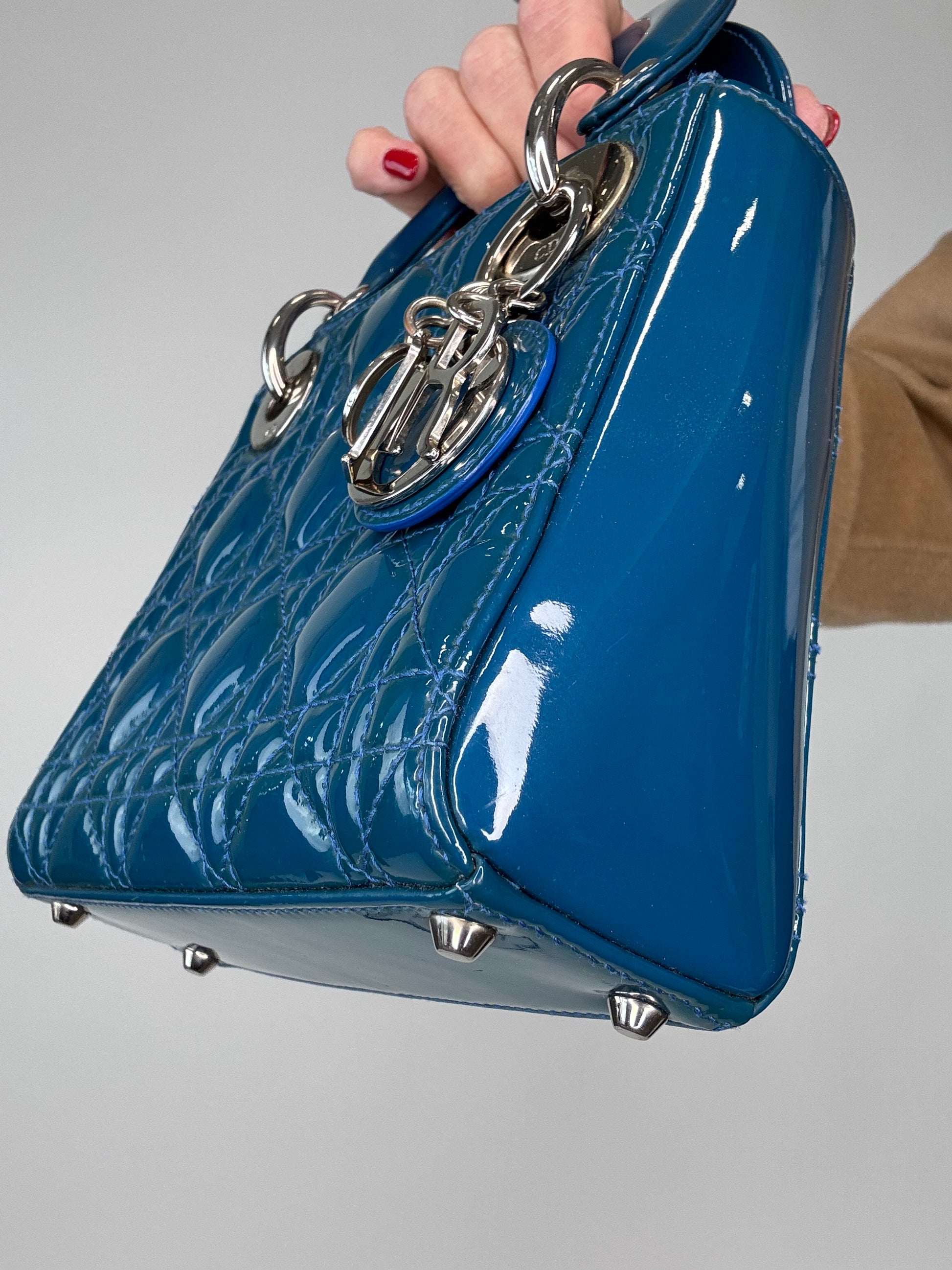 Christian Dior Mini Lady Cannage Patent Leather - Blue front right bottom corner