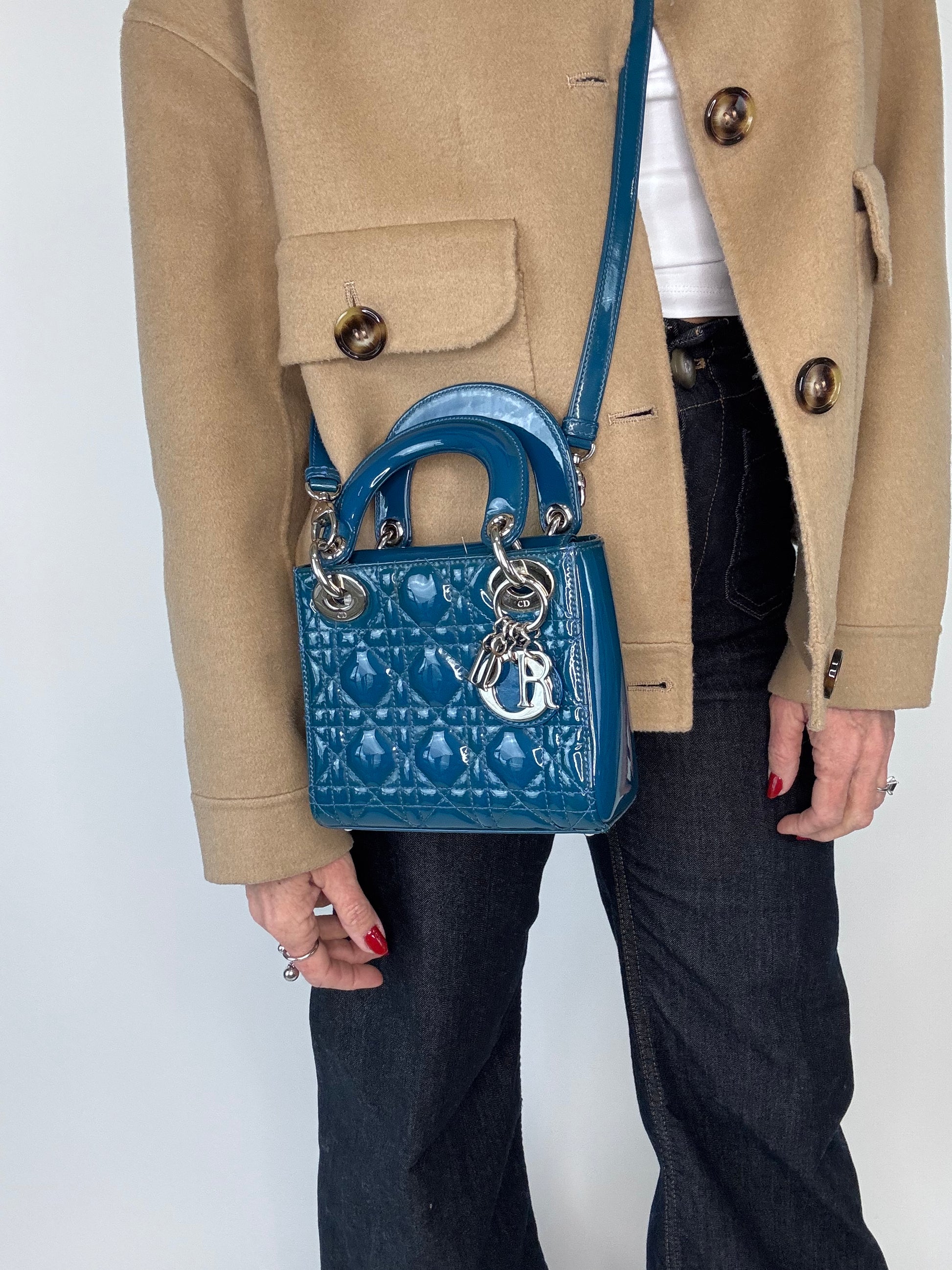 Christian Dior Mini Lady Cannage Patent Leather - Blue modeled 2