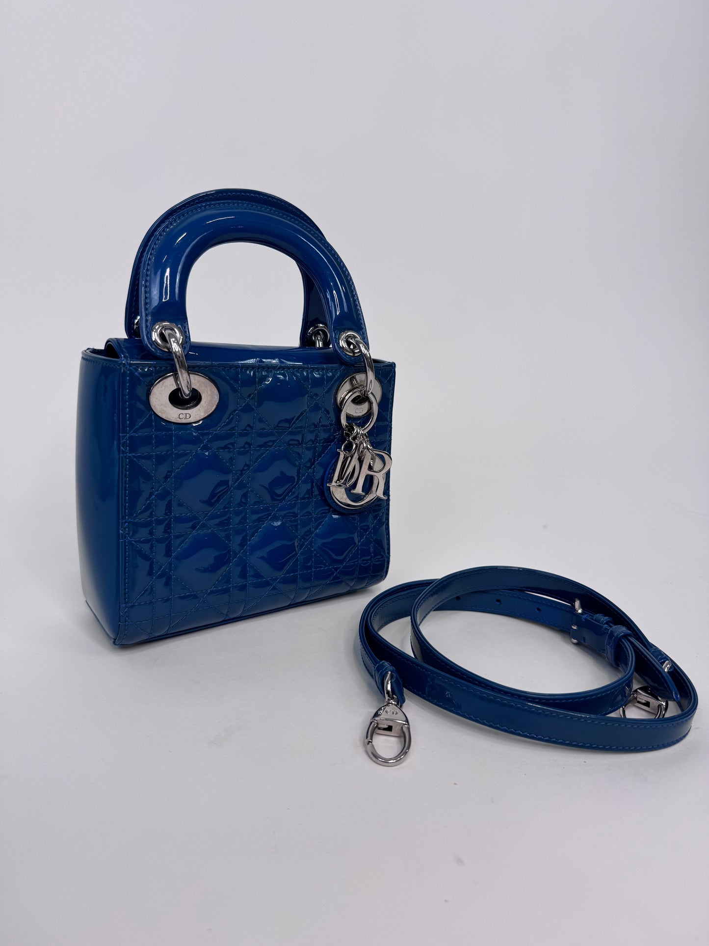 Christian Dior Mini Lady Cannage Patent Leather - Blue shown with shoulder strap