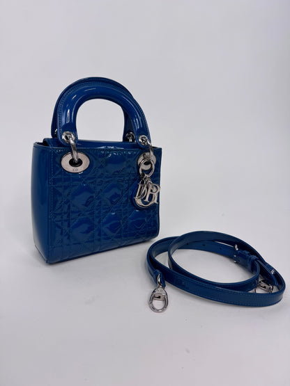 Christian Dior Mini Lady Cannage Patent Leather - Blue shown with shoulder strap