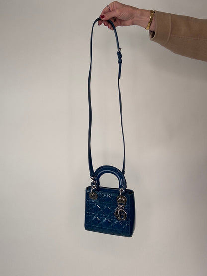 Christian Dior Mini Lady Cannage Patent Leather - Blue with shoulder strap