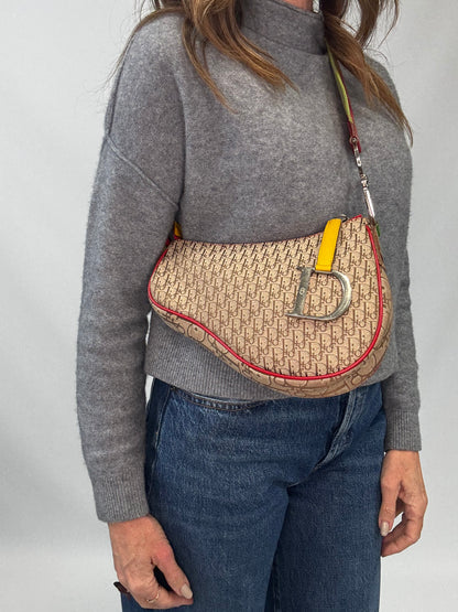 Christian Dior Multicolor Rasta Saddle Bag modeled 2