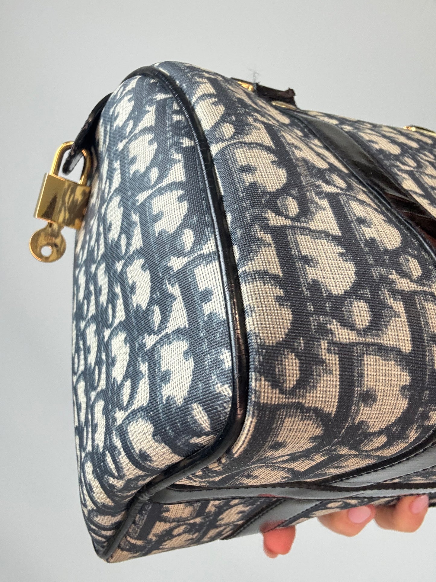 Christian Dior Navy Trotter Logo Boston Bag - Vintage front left bottom corner