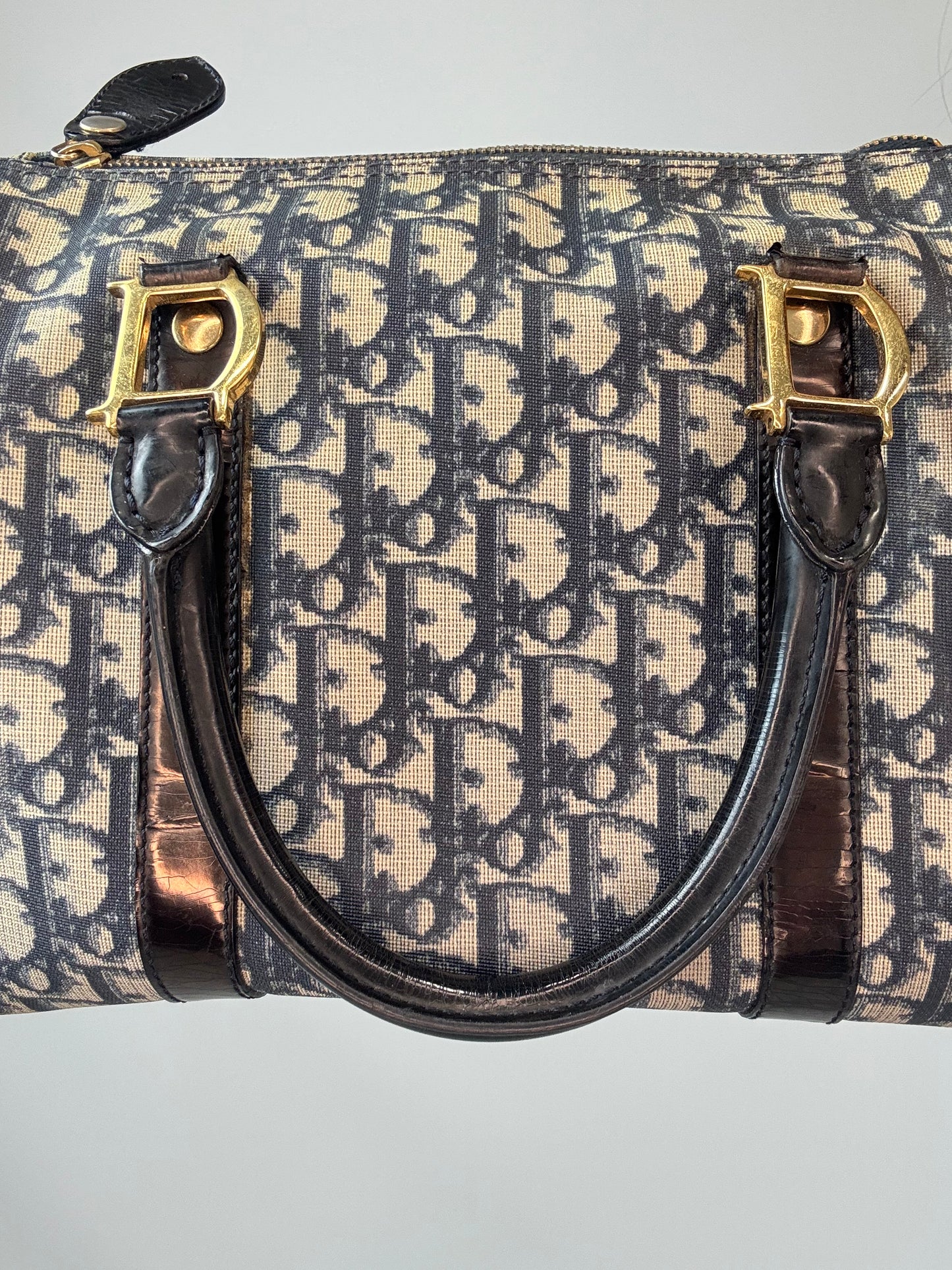 Christian Dior Navy Trotter Logo Boston Bag - Vintage front top handle interior