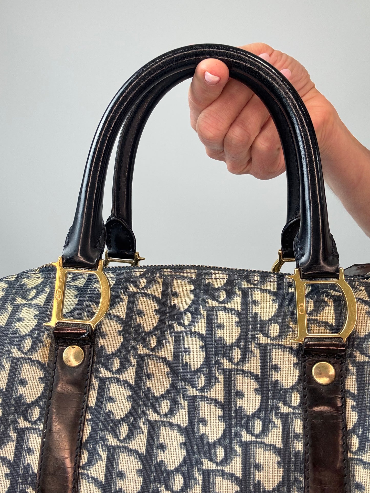 Christian Dior Navy Trotter Logo Boston Bag - Vintage top handle front