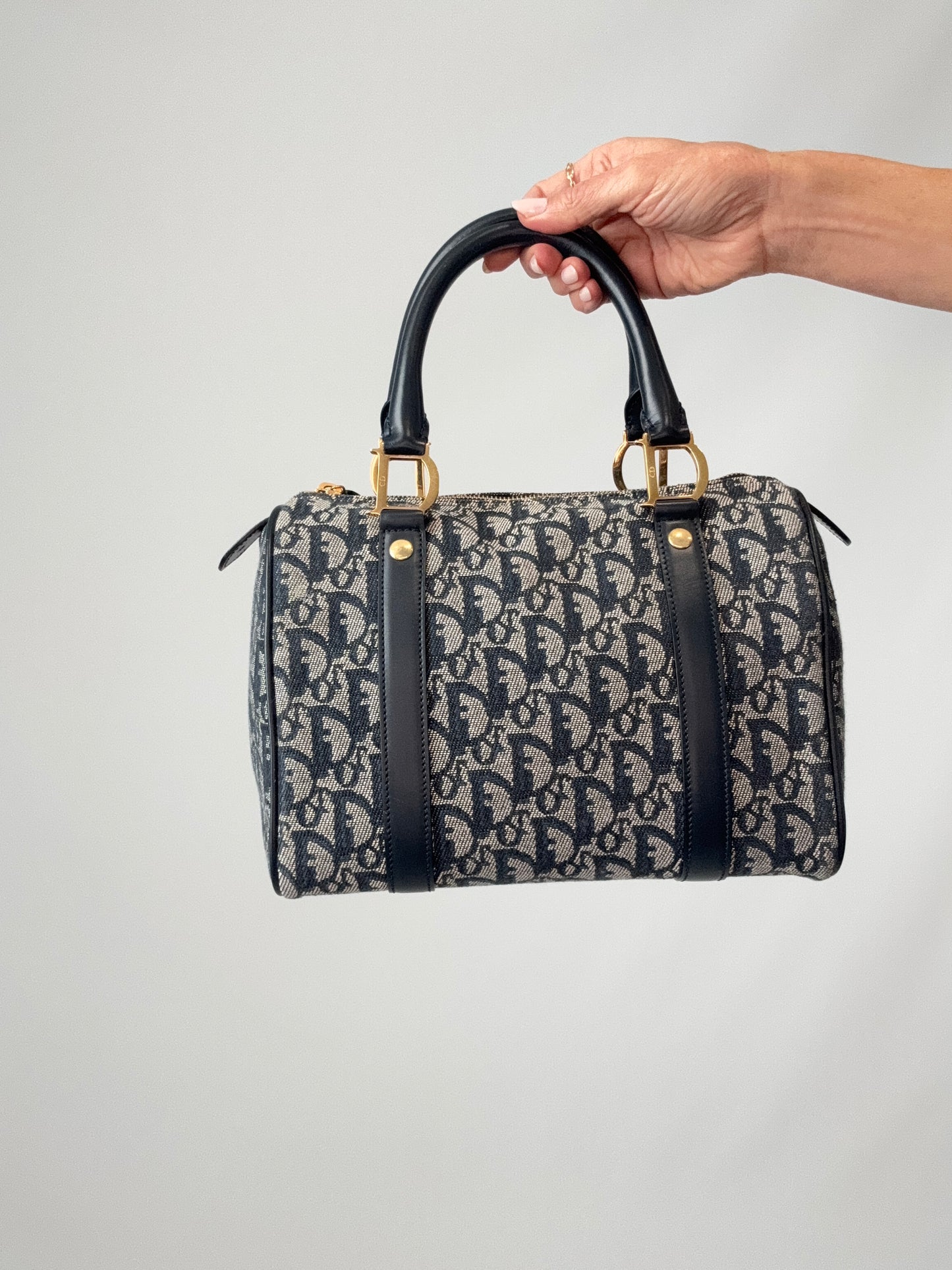 Dior Oblique Monogram Boston Bag in Navy Blue back of handbag