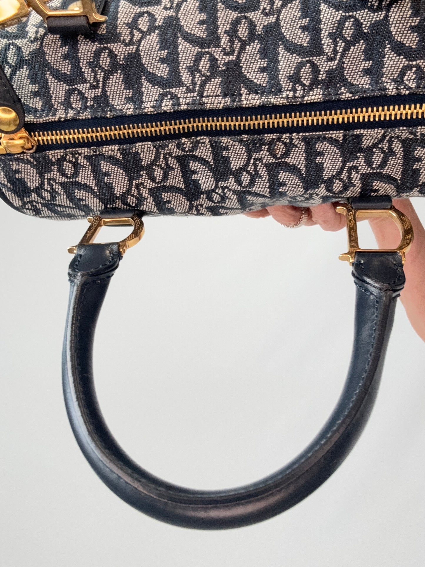 Dior Oblique Monogram Boston Bag in Navy Blue interior of back top handle