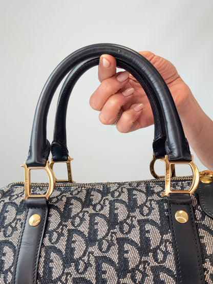Dior Oblique Monogram Boston Bag in Navy Blue top handles back