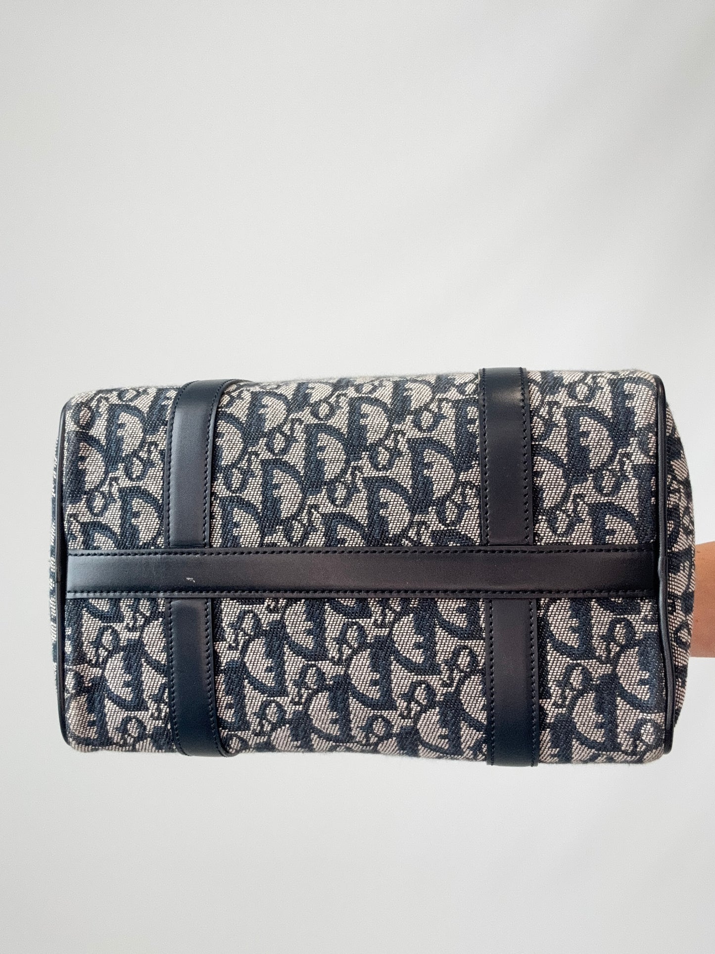 Dior Oblique Monogram Boston Bag in Navy Blue bottom of handbag