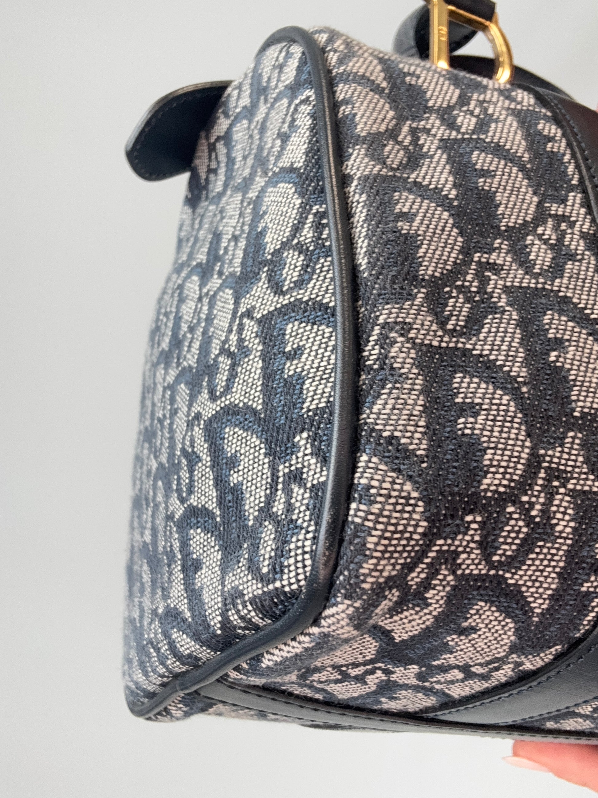 Dior Oblique Monogram Boston Bag in Navy Blue front left bottom corner