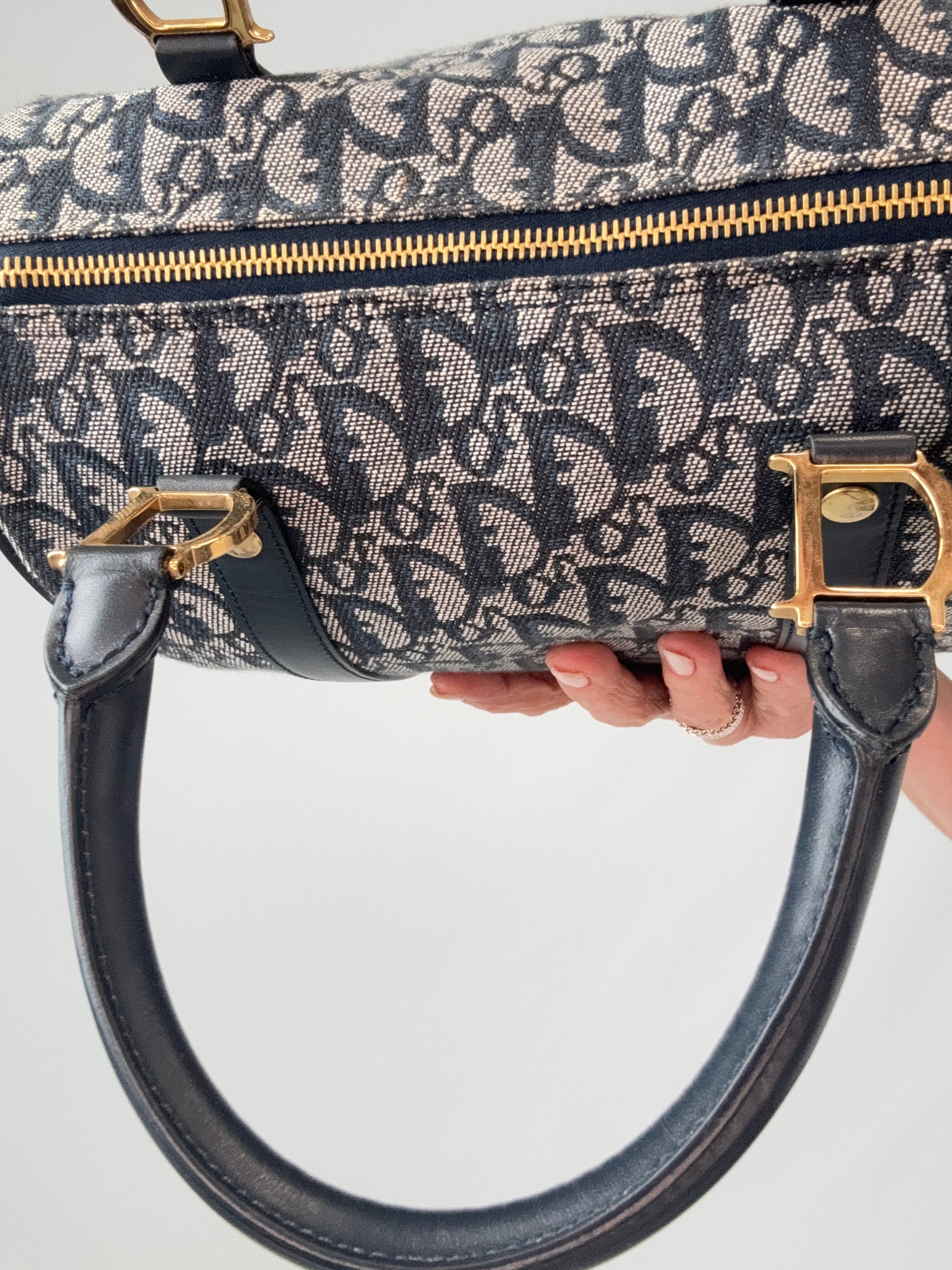 Dior Oblique Monogram Boston Bag in Navy Blue interior of top handle