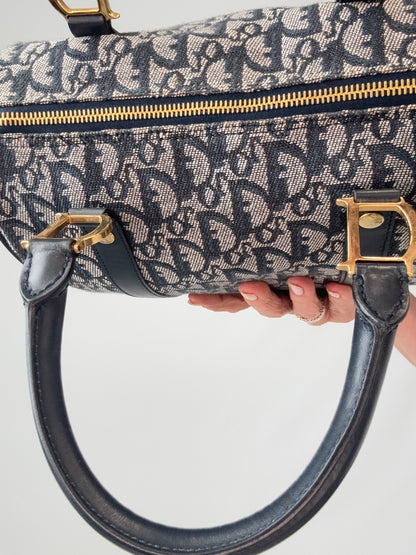 Dior Oblique Monogram Boston Bag in Navy Blue interior of top handle