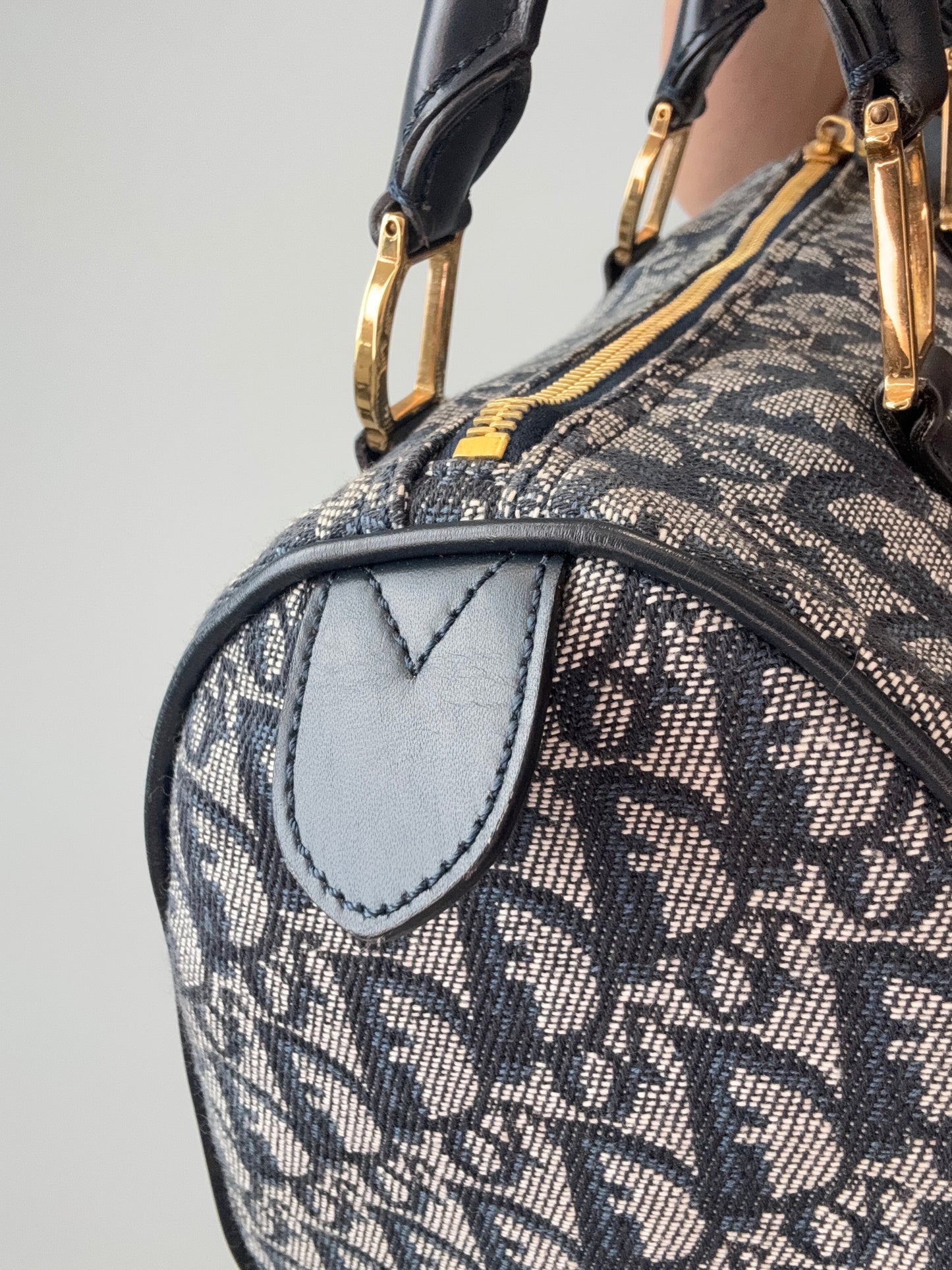 Dior Oblique Monogram Boston Bag in Navy Blue leather tab 