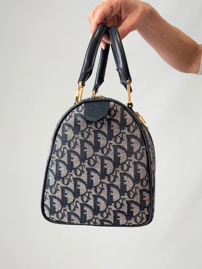 Dior Oblique Monogram Boston Bag in Navy Blue left side