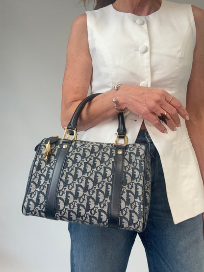 Dior Oblique Monogram Boston Bag in Navy Blue modeled 2