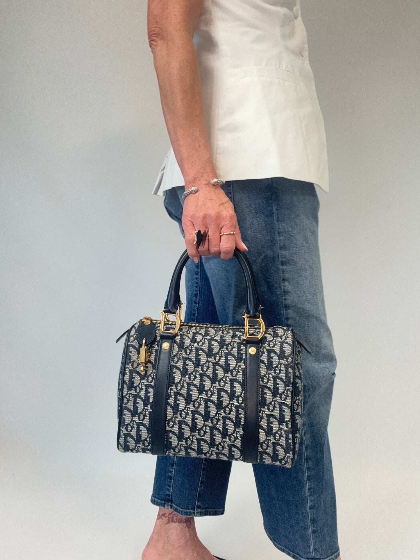 Dior Oblique Monogram Boston Bag in Navy Blue modeled