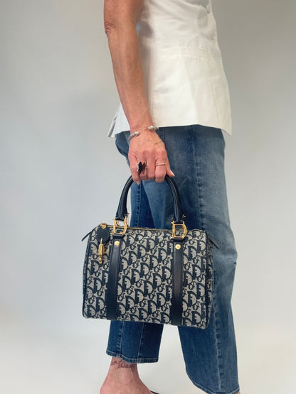 Dior Oblique Monogram Boston Bag in Navy Blue modeled
