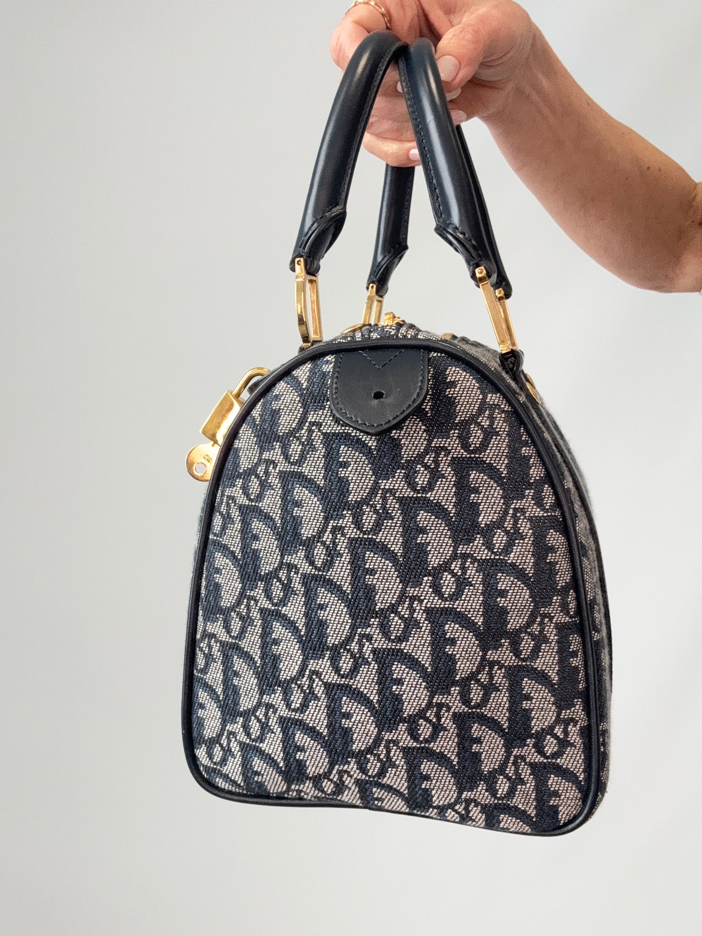 Dior Oblique Monogram Boston Bag in Navy Blue right side