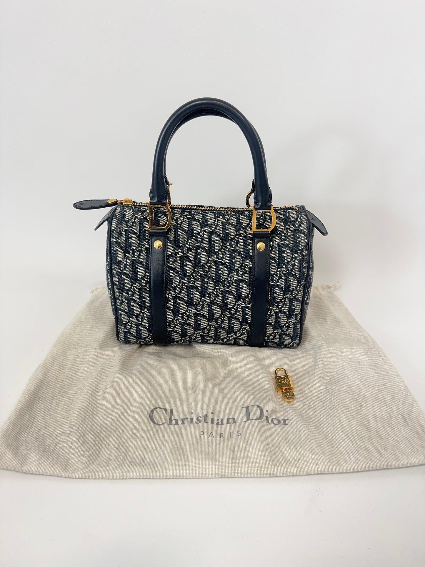 Dior Oblique Monogram Boston Bag in Navy Blue with dust bag and lock and key