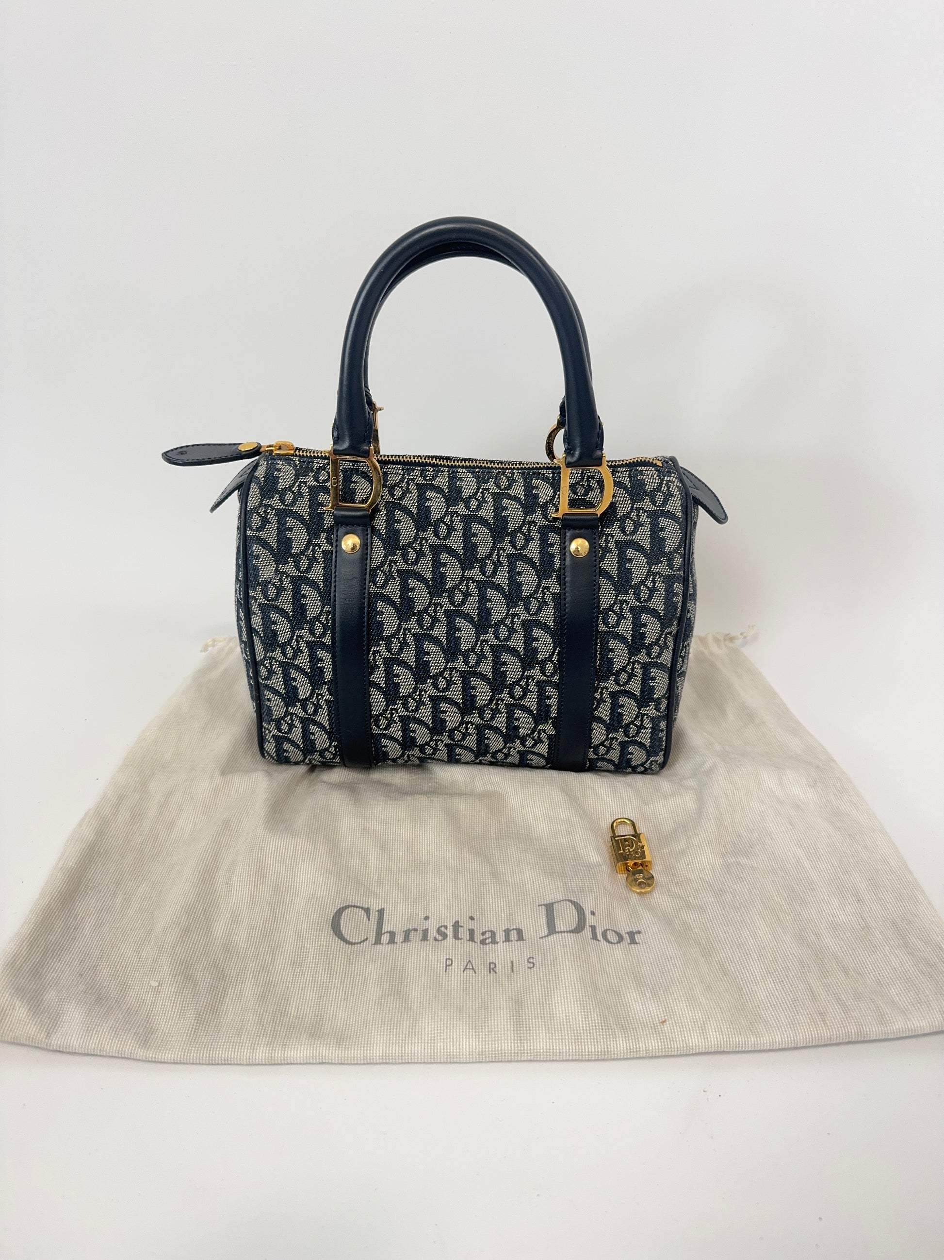 Dior Oblique Monogram Boston Bag in Navy Blue with dust bag and lock and key