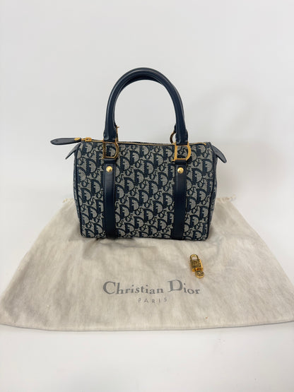 Dior Oblique Monogram Boston Bag in Navy Blue with dust bag and lock and key
