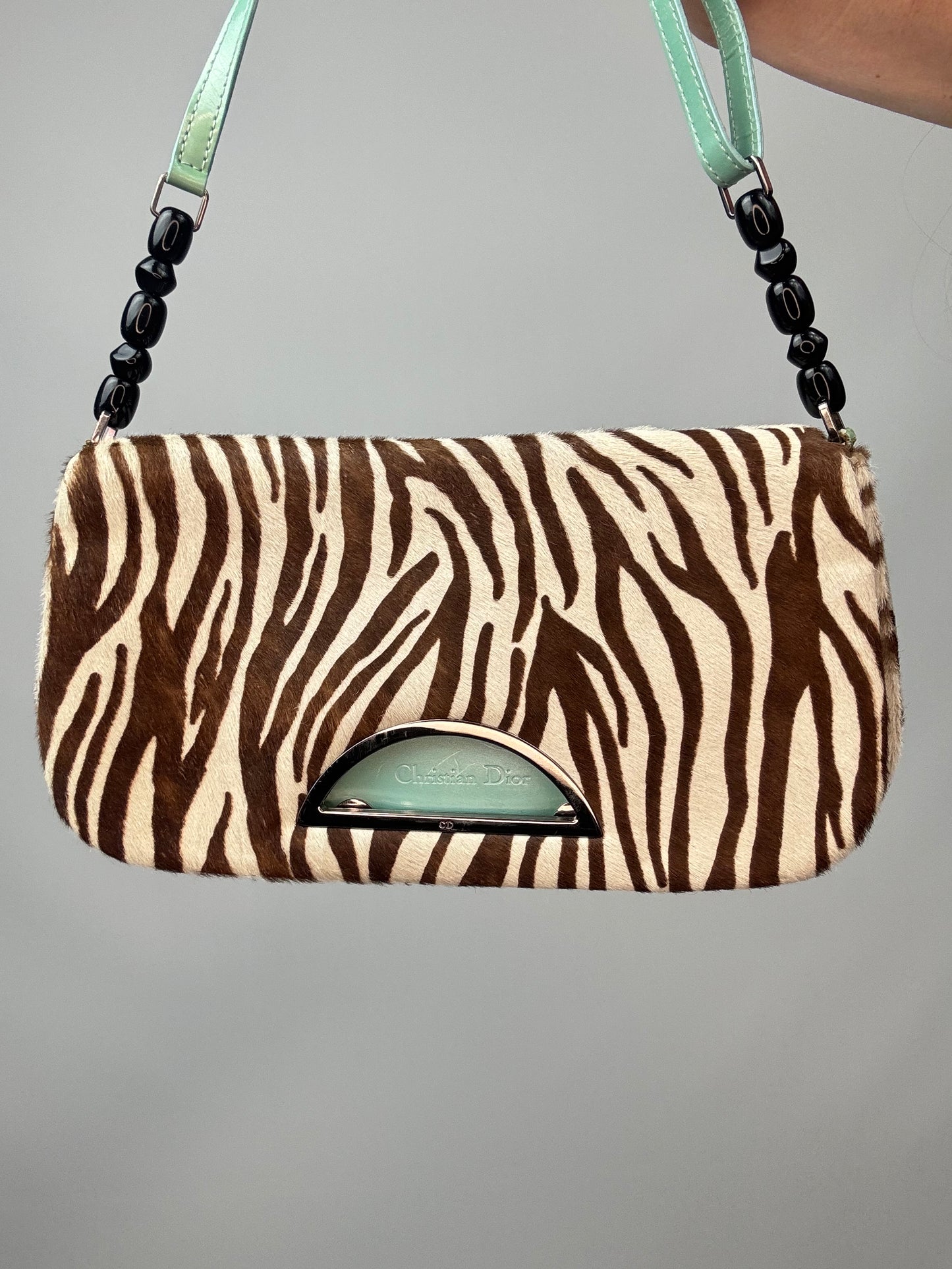 Dior Zebra Print Pony Hair Malice Flap Shoulder Bag front of handbag