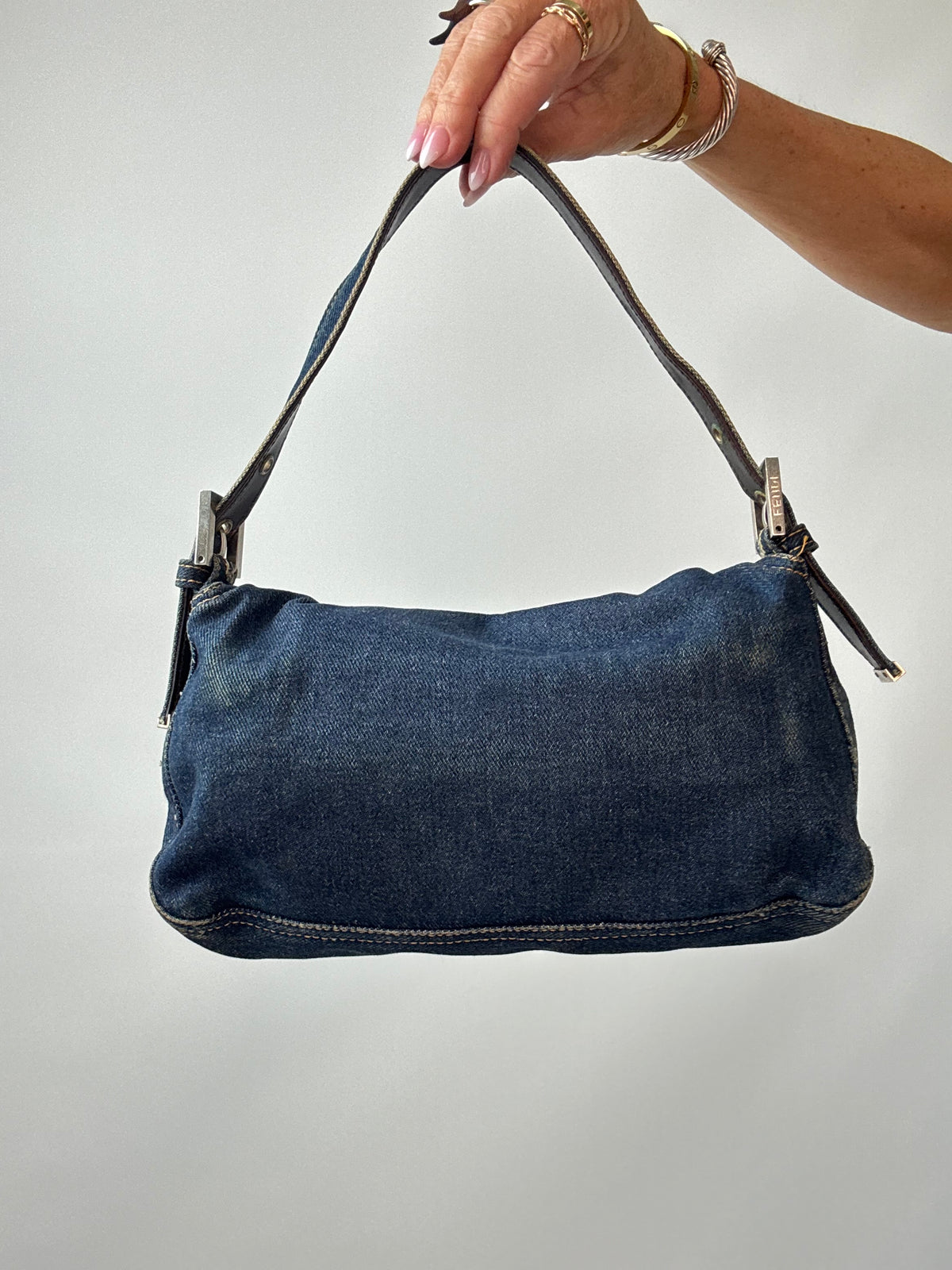 Fendi Denim Baguette Shoulder Bag back of bag