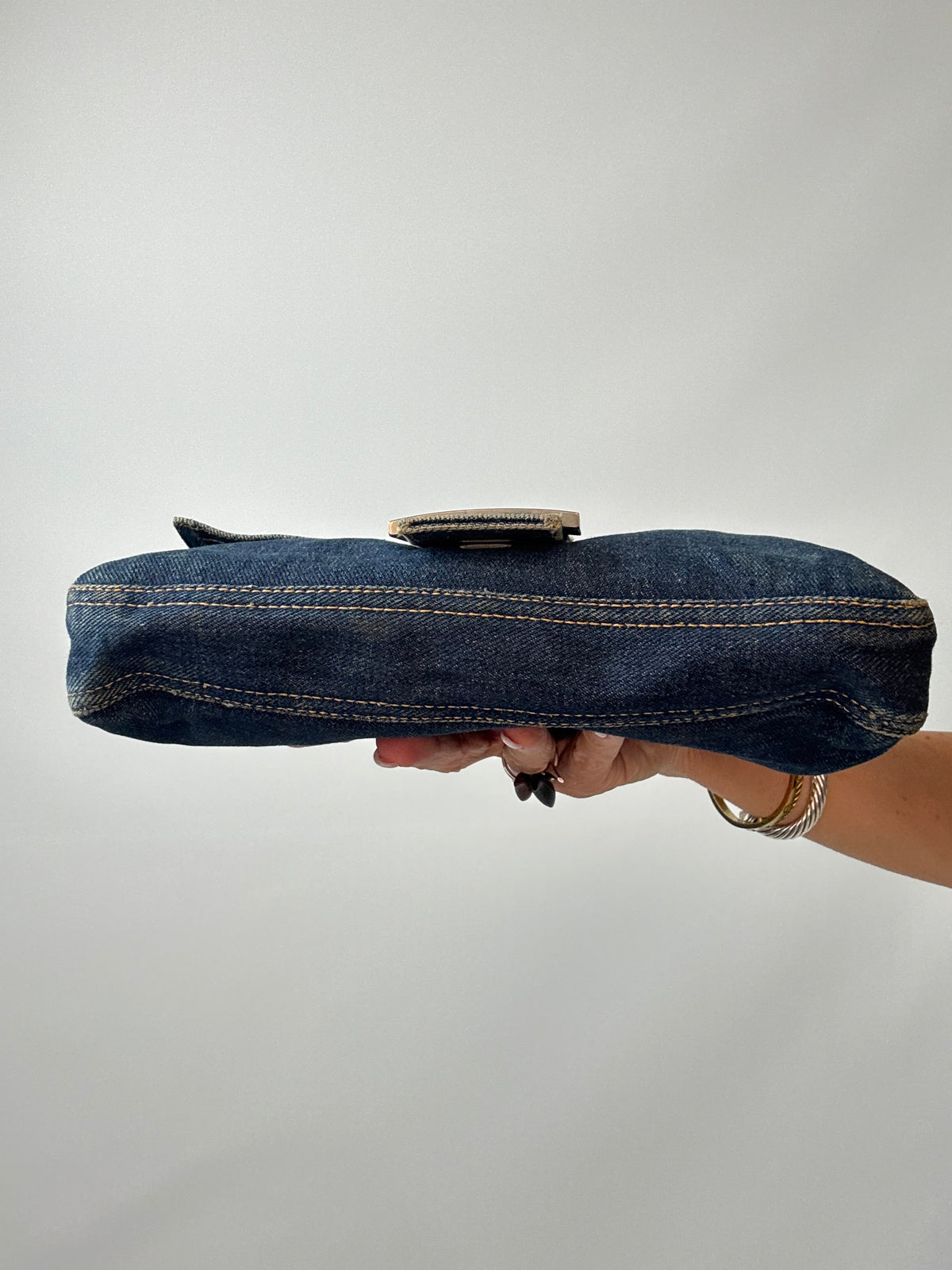 Fendi Denim Baguette Shoulder Bag bottom of bag