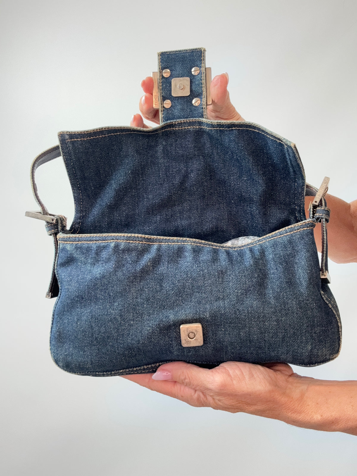 Fendi Denim Baguette Shoulder Bag flap interior