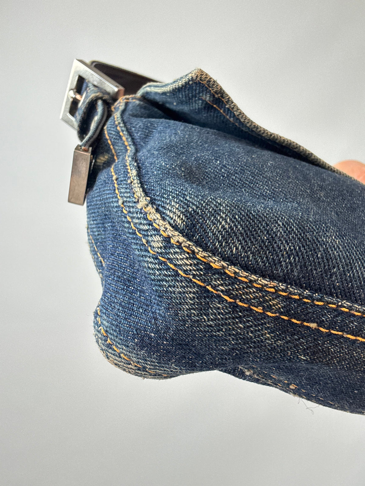 Fendi Denim Baguette Shoulder Bag front left bottom corner