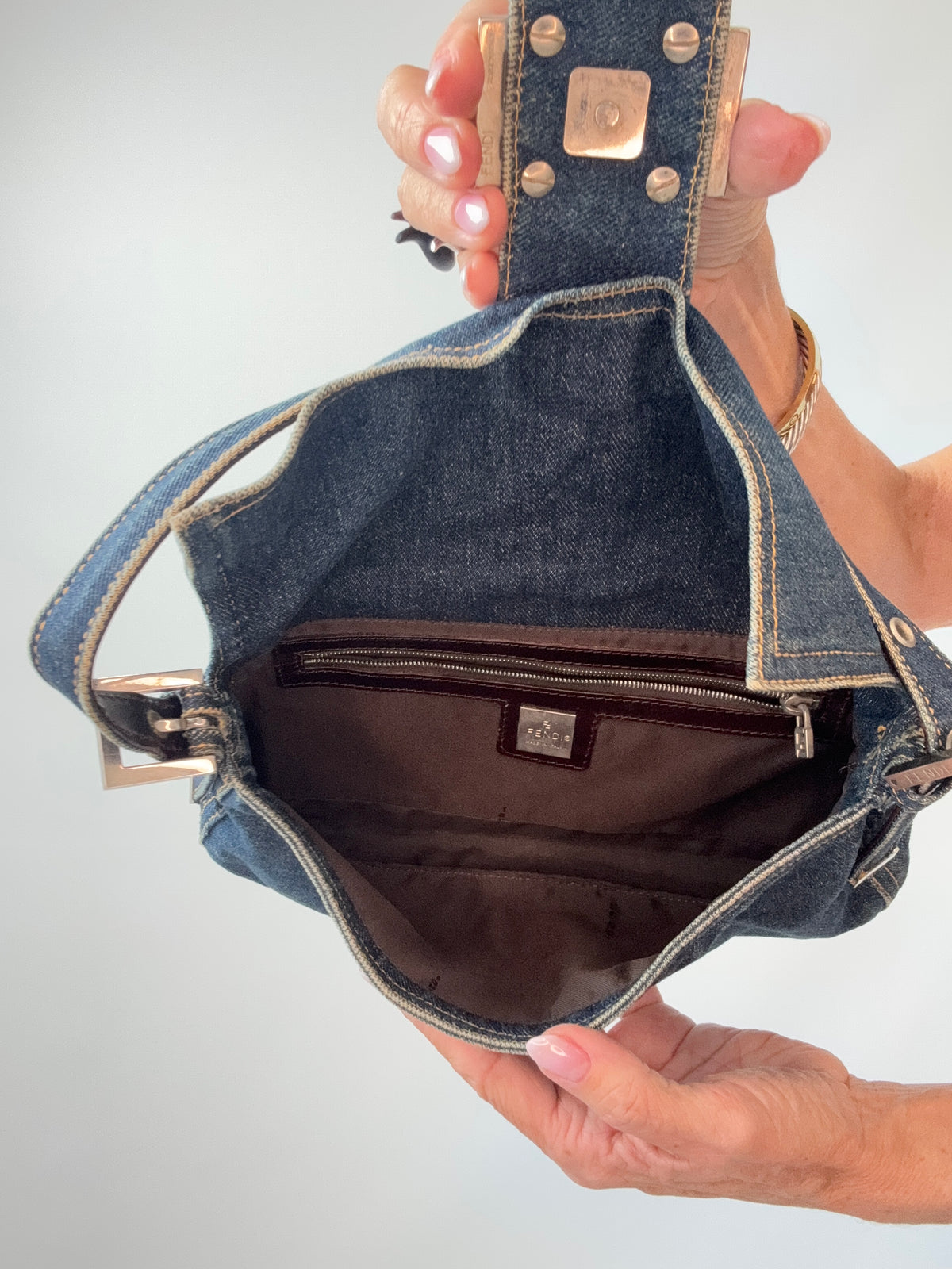 Fendi Denim Baguette Shoulder Bag handbag interior