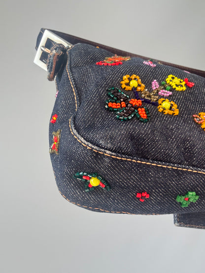 Fendi Denim Floral Beaded Baguette back left bottom corner