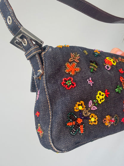 Fendi Denim Floral Beaded Baguette back left side view