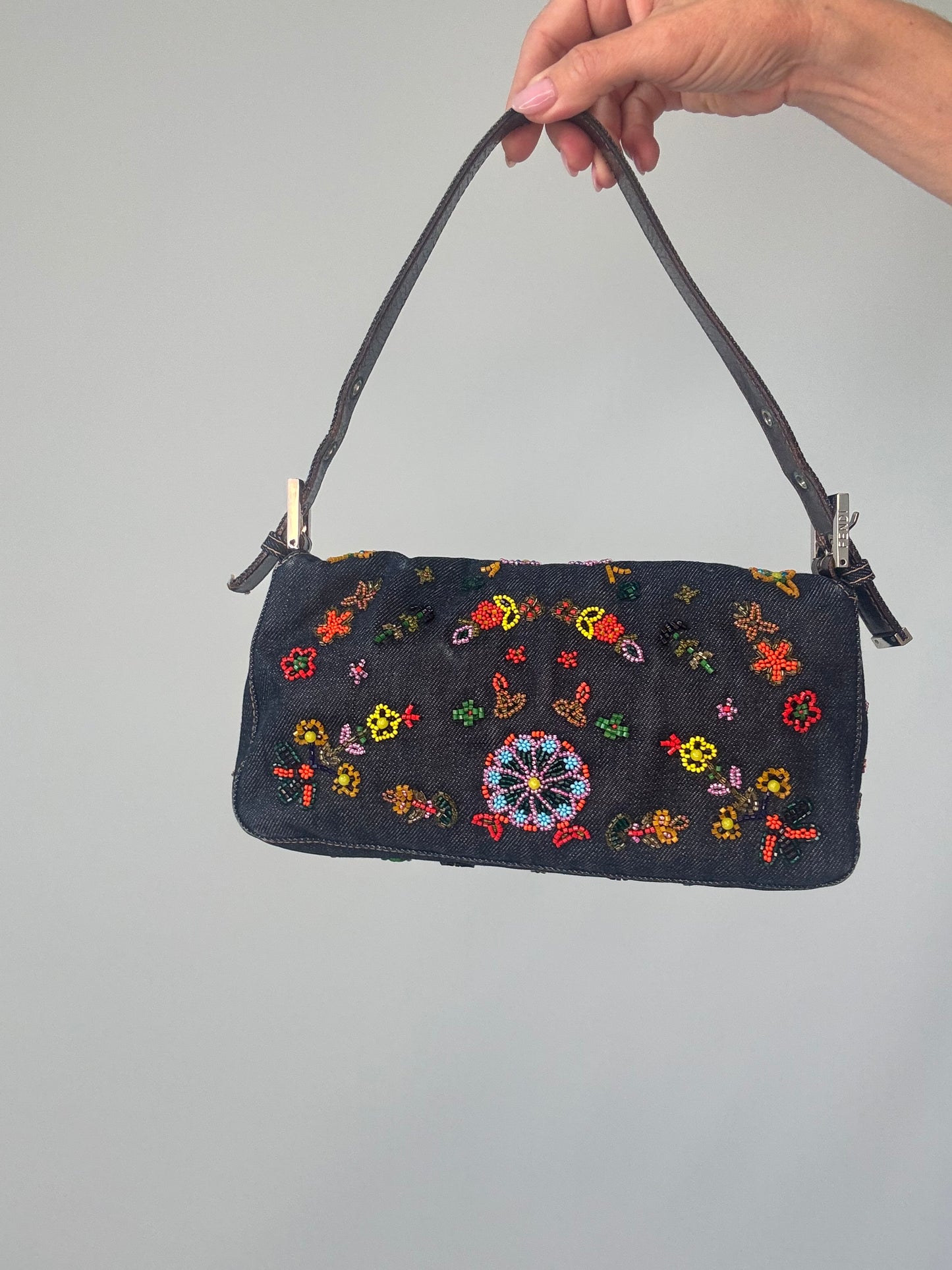 Fendi Denim Floral Beaded Baguette back of handbag
