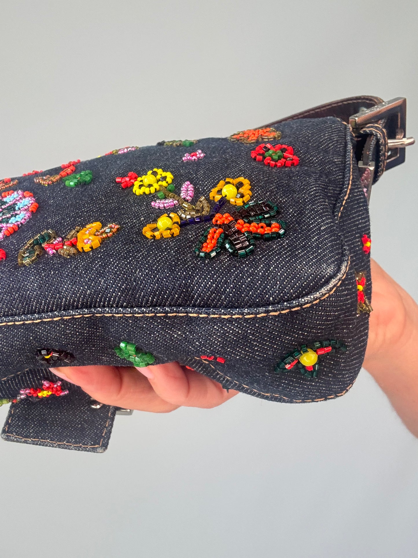 Fendi Denim Floral Beaded Baguette back right bottom corner