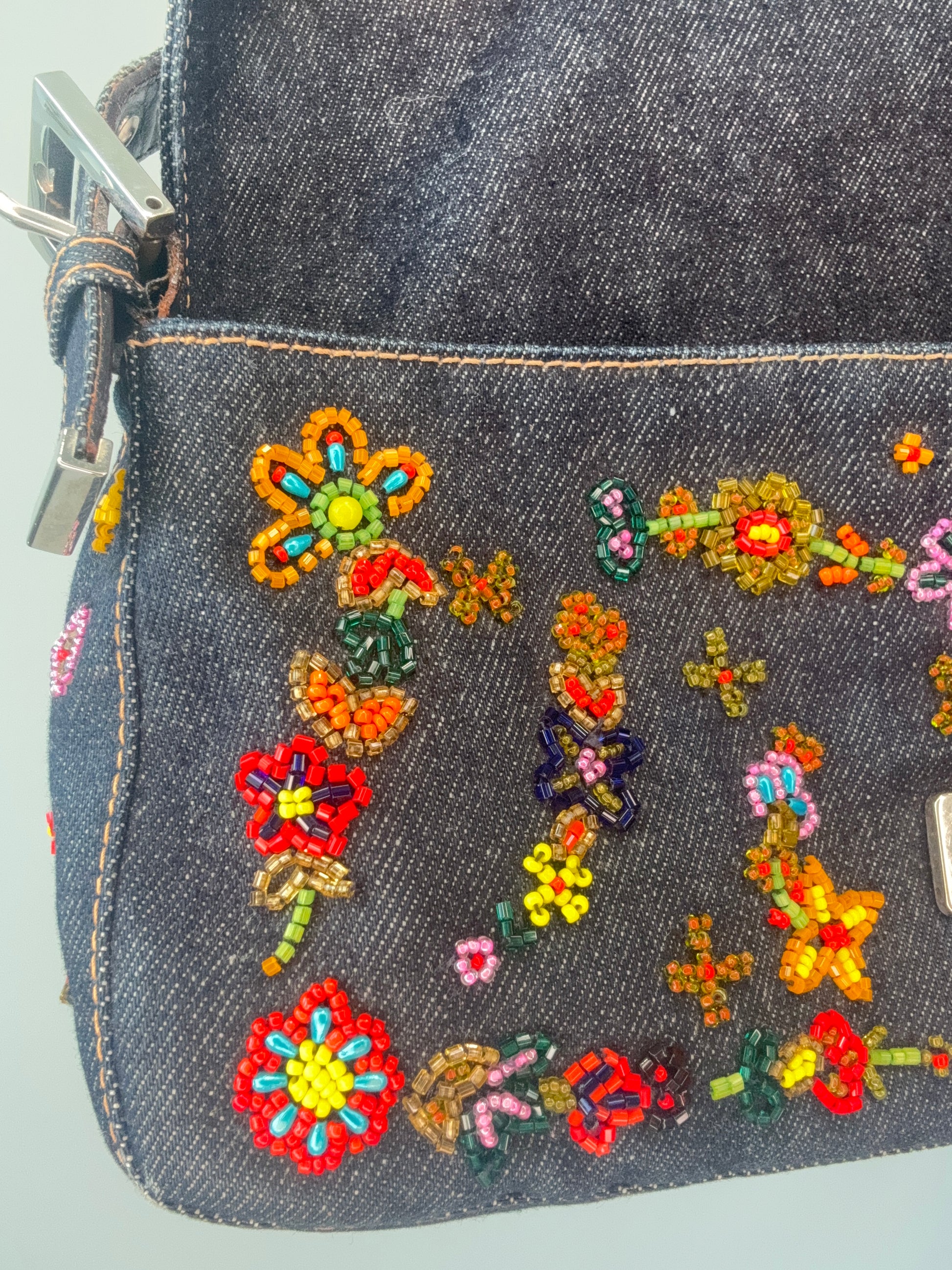Fendi Denim Floral Beaded Baguette bead closeup on left