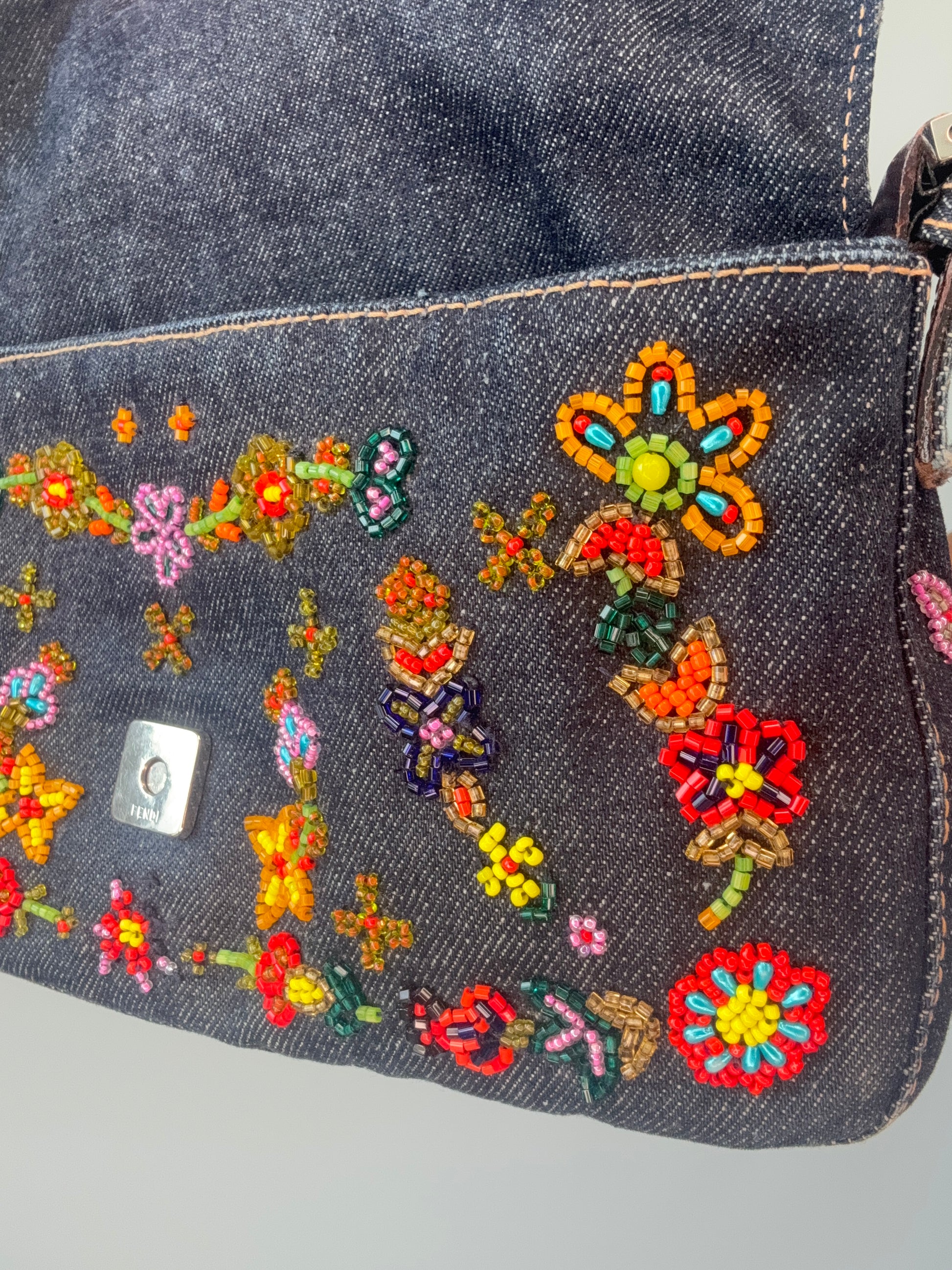 Fendi Denim Floral Beaded Baguette bead closeup on right