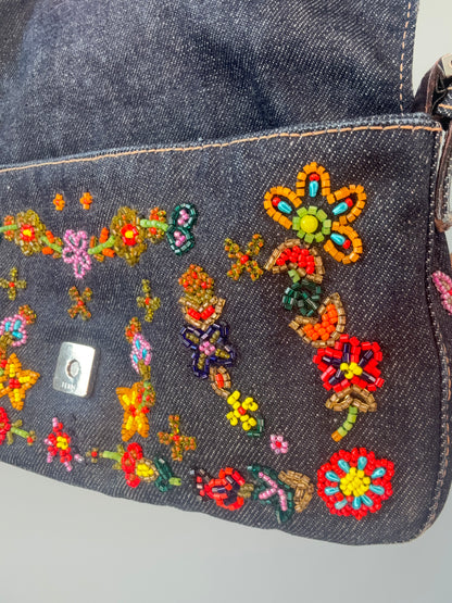 Fendi Denim Floral Beaded Baguette bead closeup on right