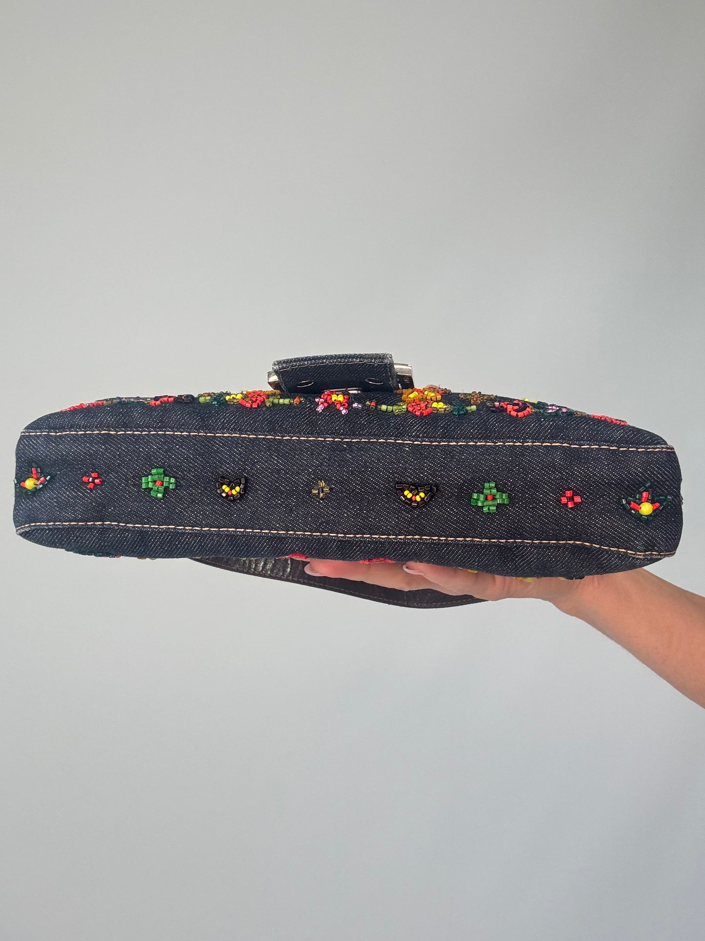 Fendi Denim Floral Beaded Baguette bottom of handbag