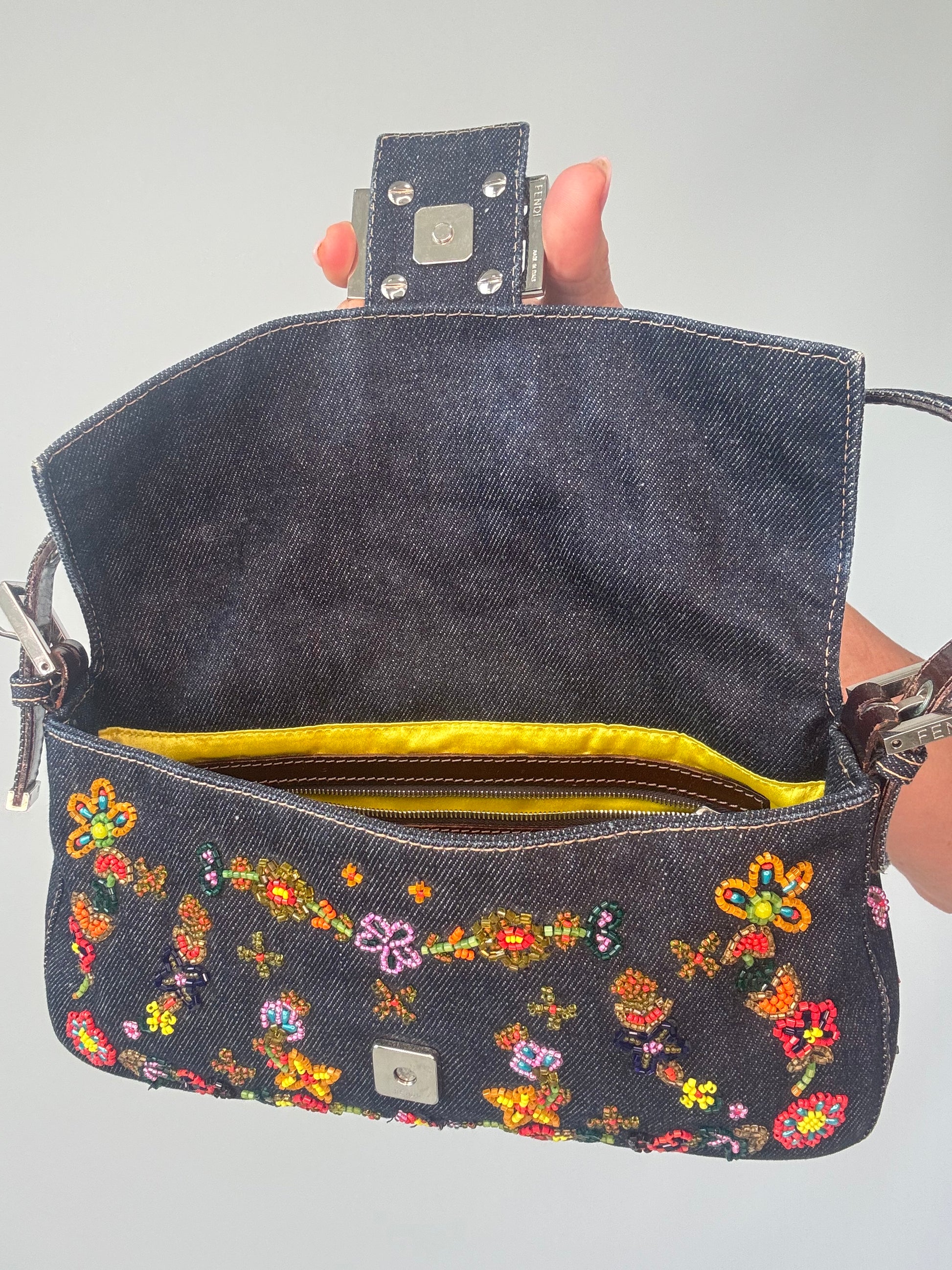 Fendi Denim Floral Beaded Baguette flap interior