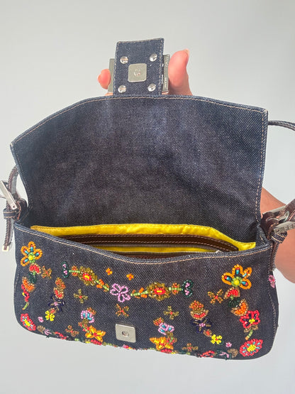 Fendi Denim Floral Beaded Baguette flap interior