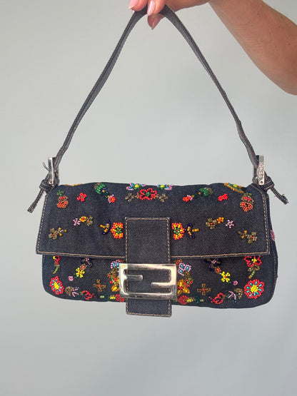 Fendi Denim Floral Beaded Baguette front closeup