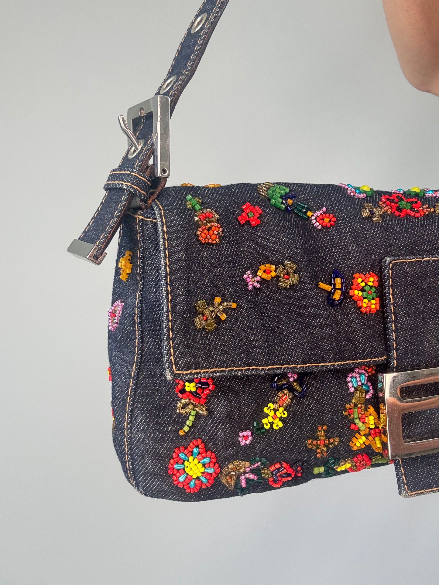 Fendi Denim Floral Beaded Baguette front left side