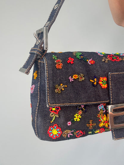 Fendi Denim Floral Beaded Baguette front left side