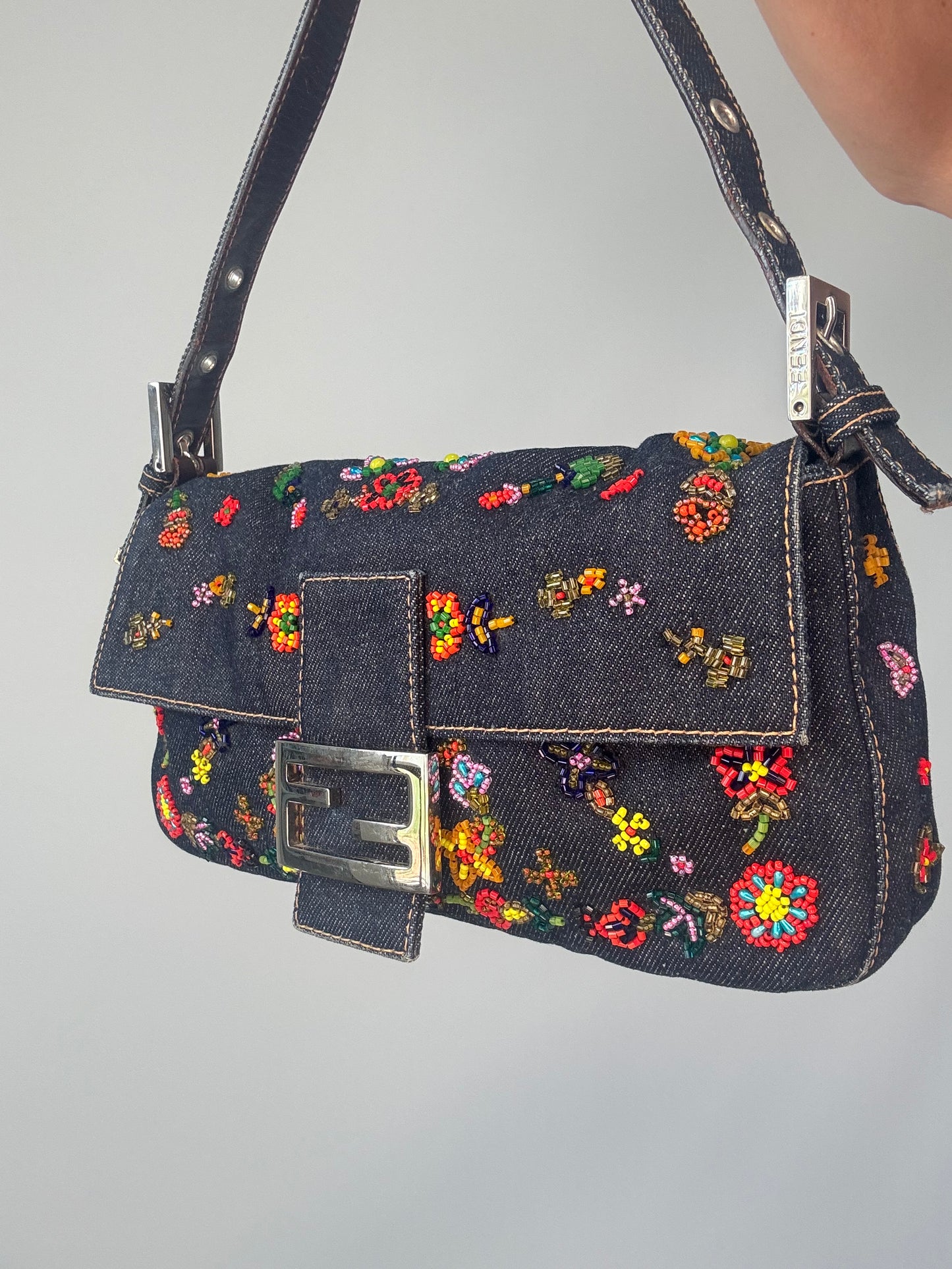Fendi Denim Floral Beaded Baguette front right side view