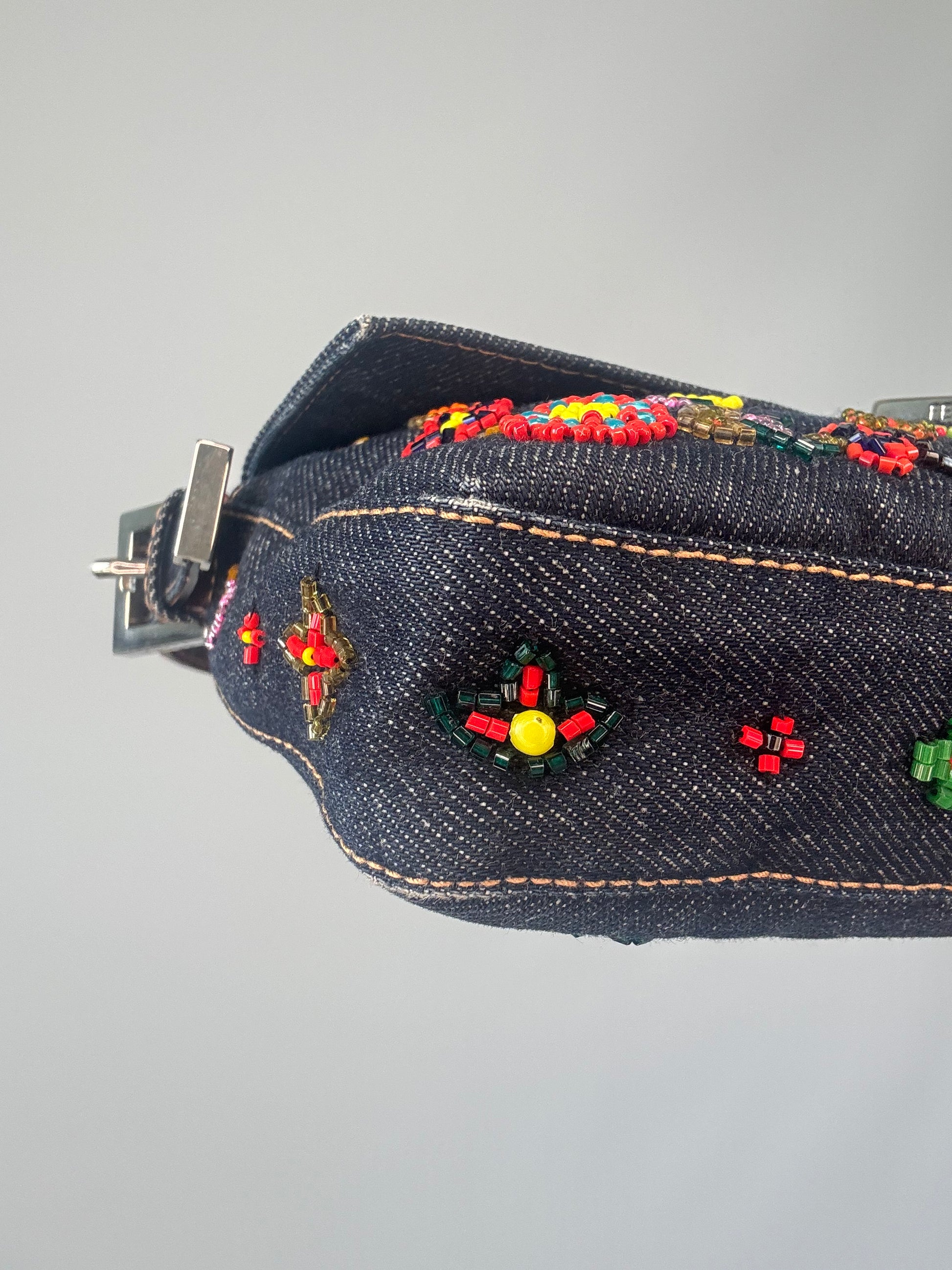 Fendi Denim Floral Beaded Baguette left bottom corner